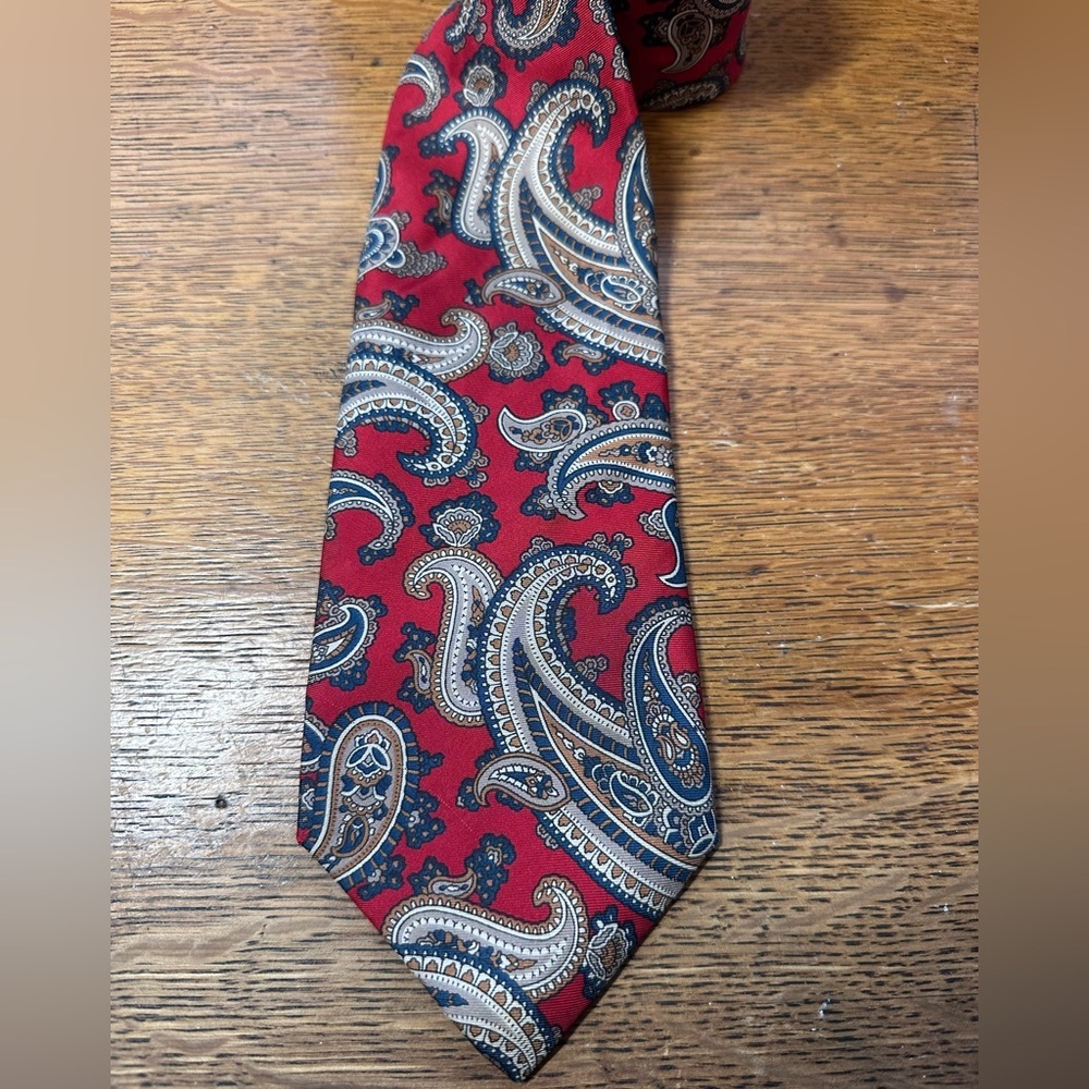 Christian Dior Monsieur Red‎ Navy Brown Paisley Pattern Pure Silk Neck Tie